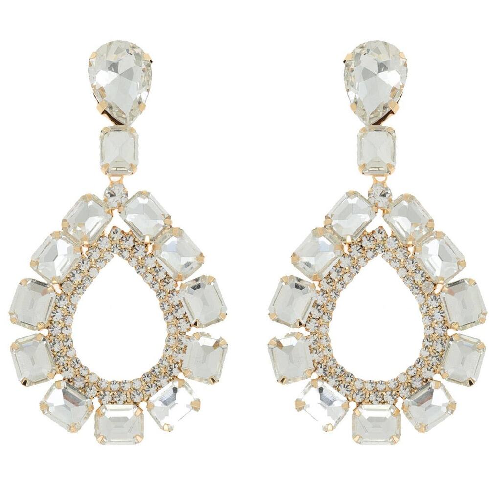 Multi-Gem Rhinestone Open Teardrop Dangle Earrings | Gold